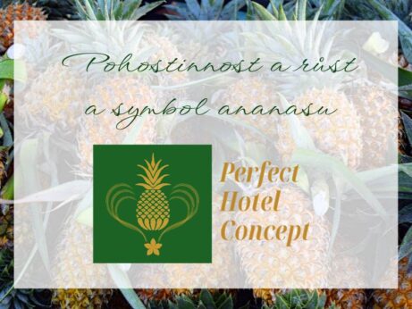 Ananasy na pozadí a nápis Pohostinnos a růsta a symbol ananasu. Dole logo zlatý ananas na zeleném pozadí a zlatým nápisem Perfect Hotel Concept.